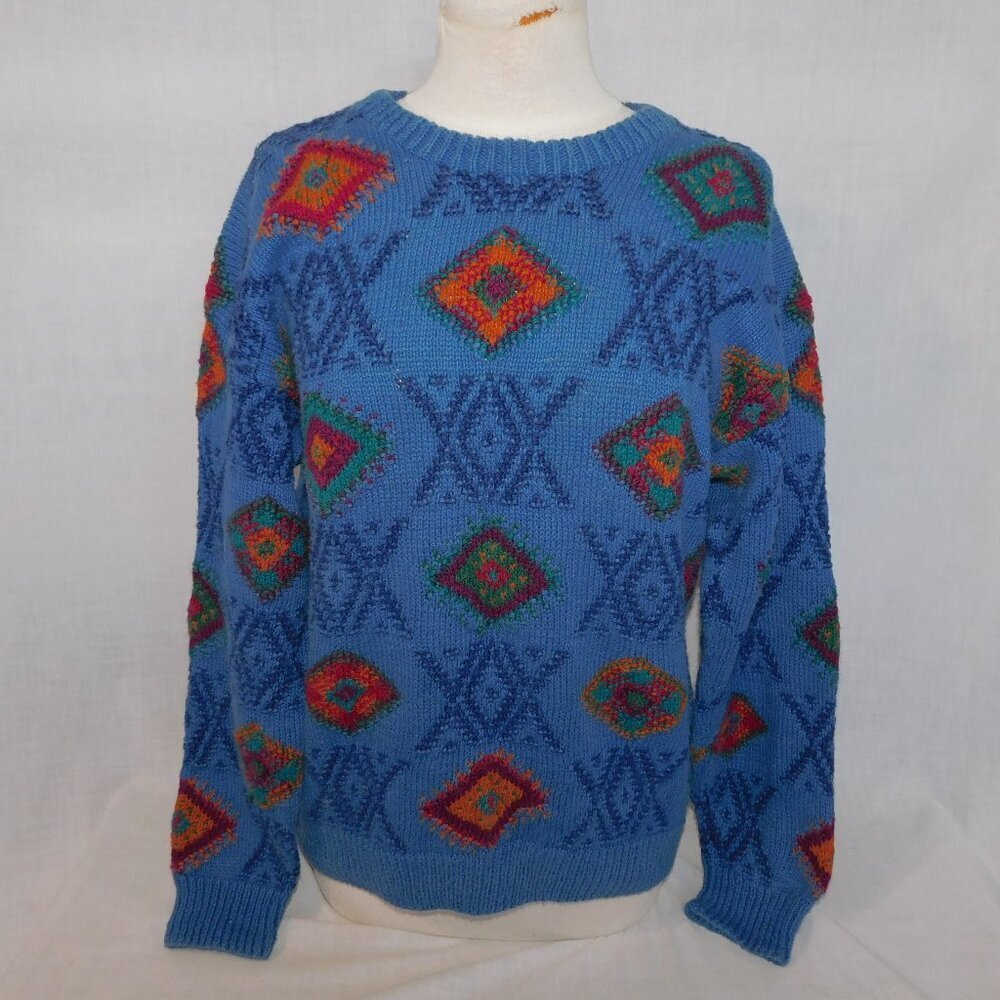 VTG Northern Isles Blue Multicolour Hand Knit Diamond Crew Neck Sweater Womens M